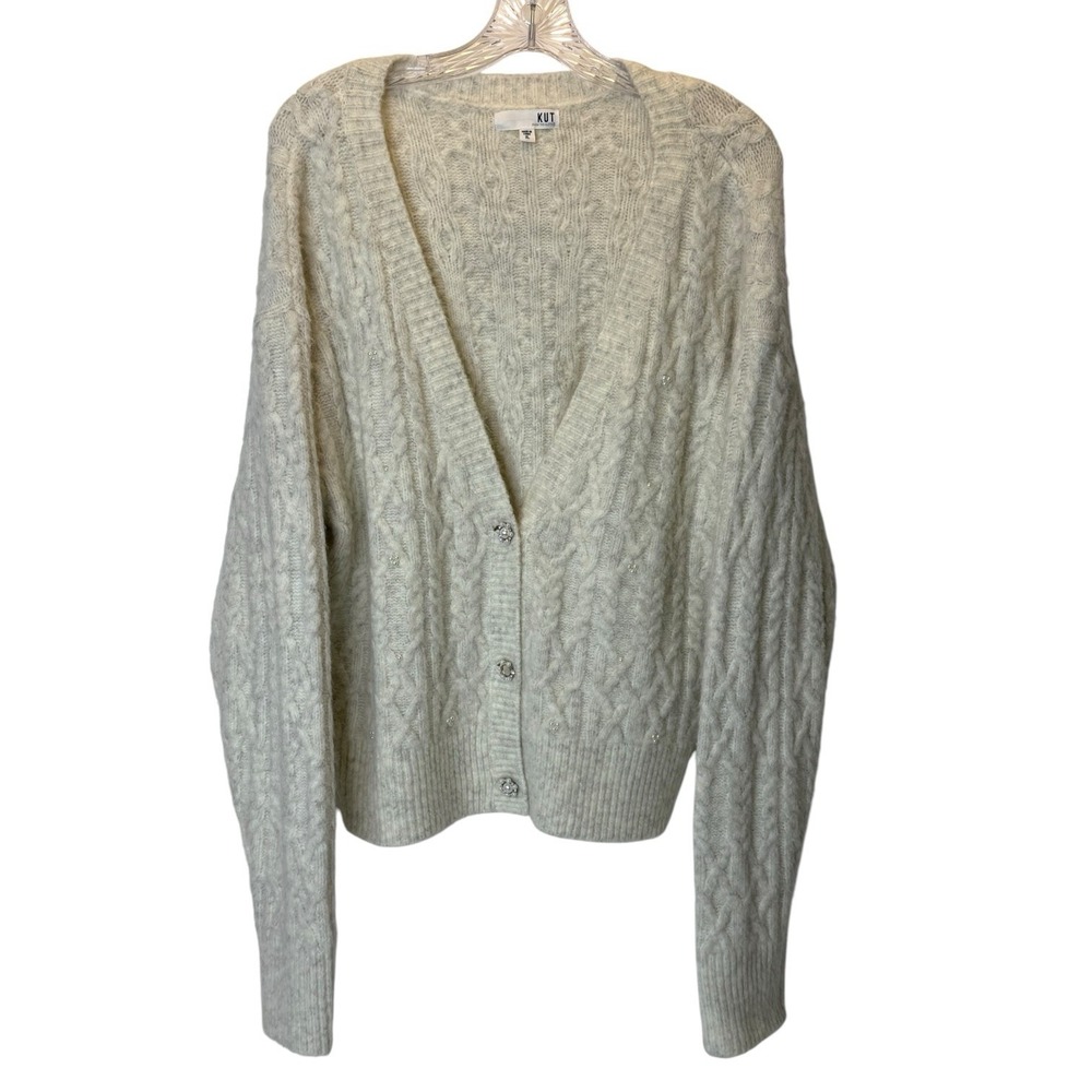Kut From The Cloth Cream Petra Cable Knit Sweater Jeweled Faux Pearl Womens XL